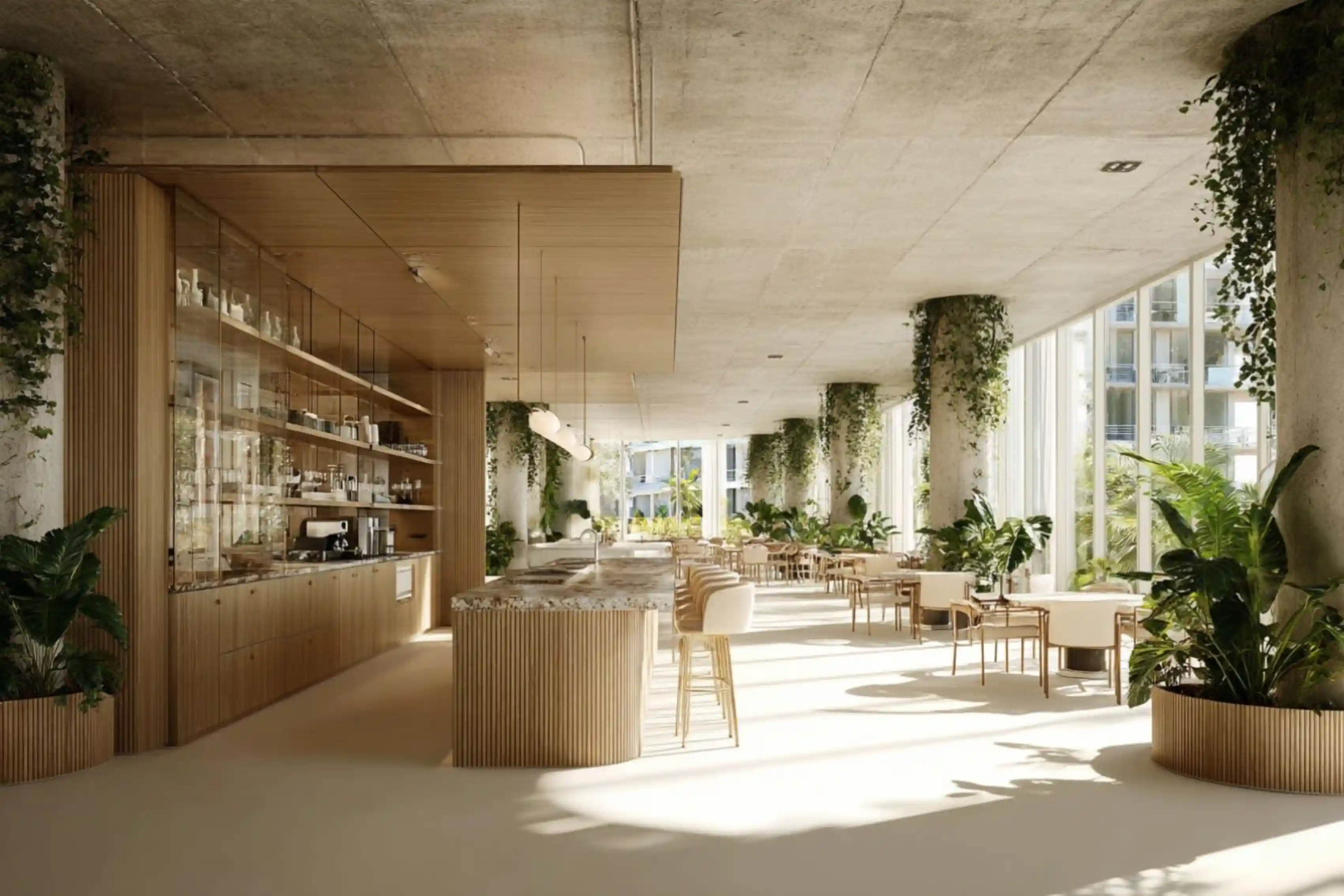 Ziggurat Corporate Project - Modern office lounge area with light wood and abundant natural light - AiSpaces.webp